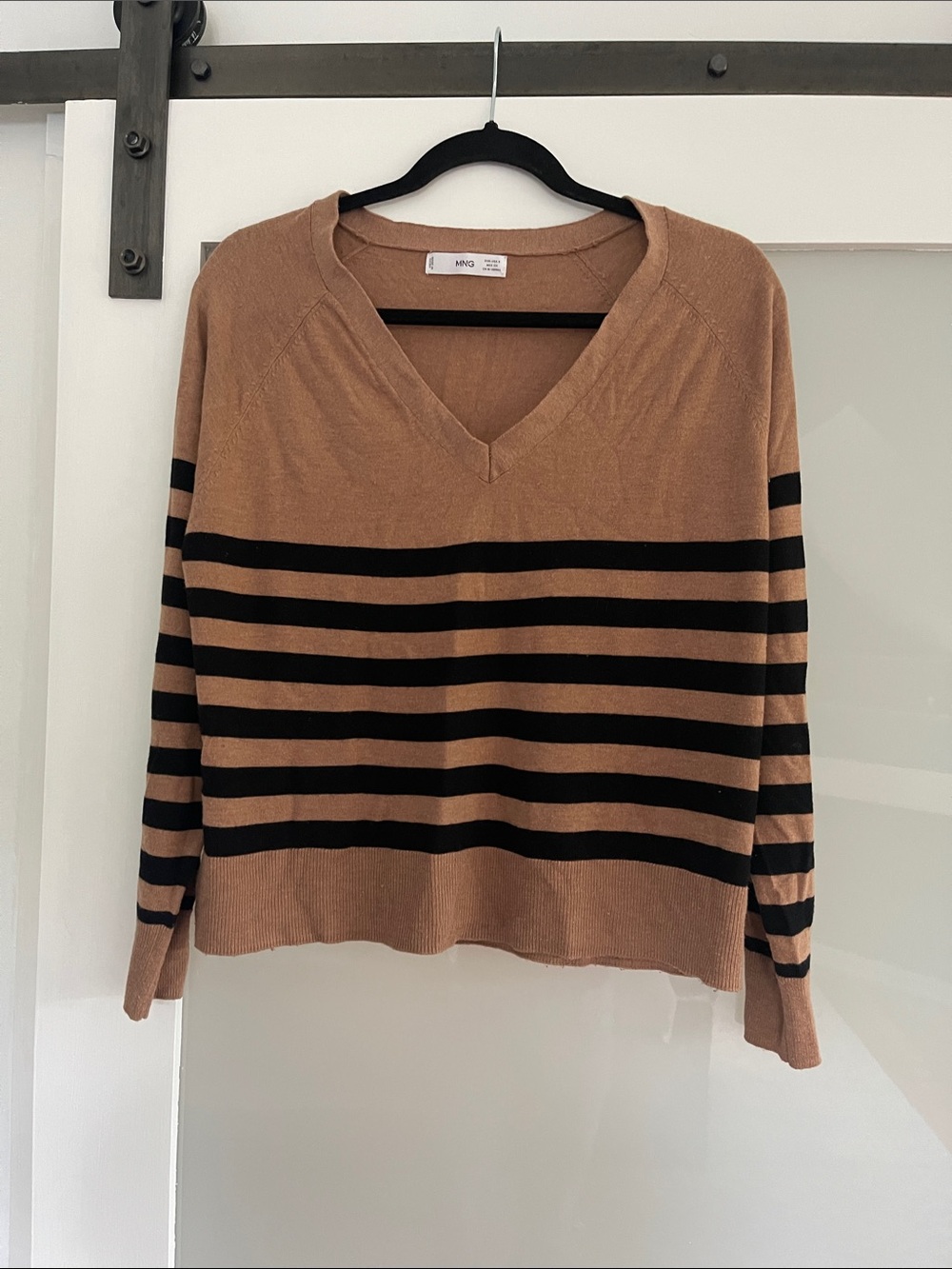 Tan V-Neck Sweater with Black Stripes